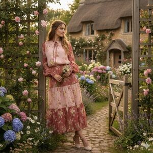 Lovecolette Romantic Boho Prairie
Tie Neck Floral Long Sleeve Dress
Medium NWOT)